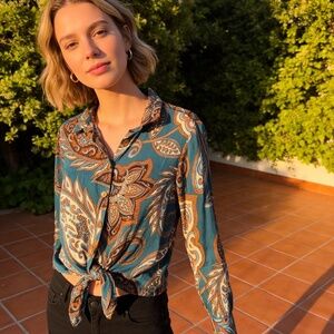 Farm Rio for Nuuly Teal Paisley Long-Sleeve Button Up Shirt